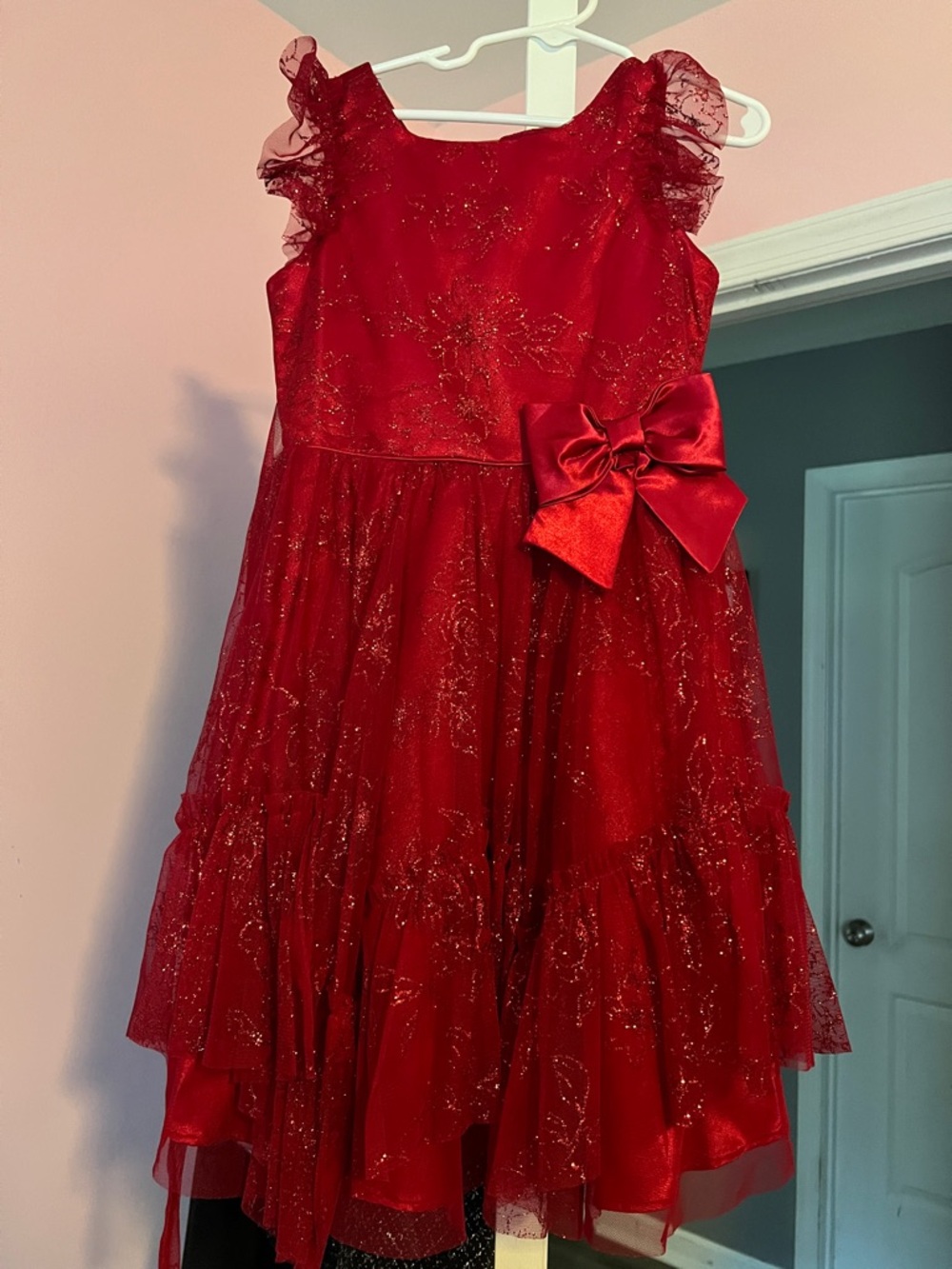 Jona Michelle Red Glitter Bow Formal Dress for Girls